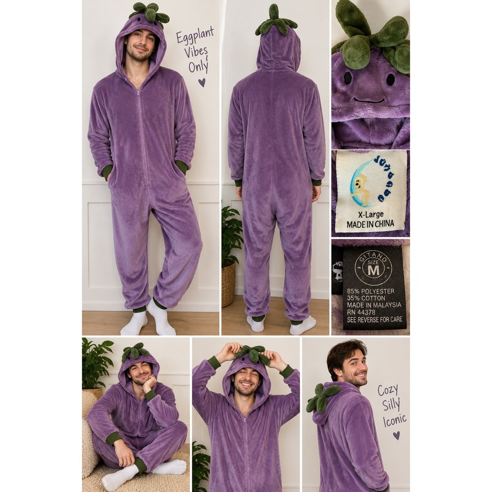 Lovego Eggplant Onesie Adult X-Large Purple Plush Vegetable Costume Pajamas Hood